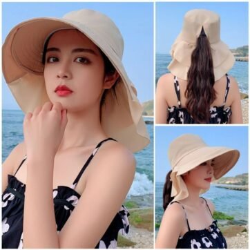 Sun Hat for Women with Ponytail-Bun Hole and Wide Brim Neck Protection